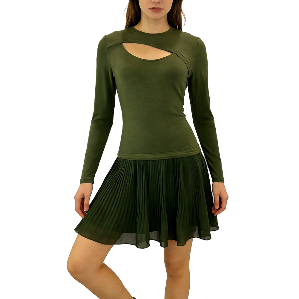 Elegant Women's Chiffon Pleated Dress with Chest Cutout