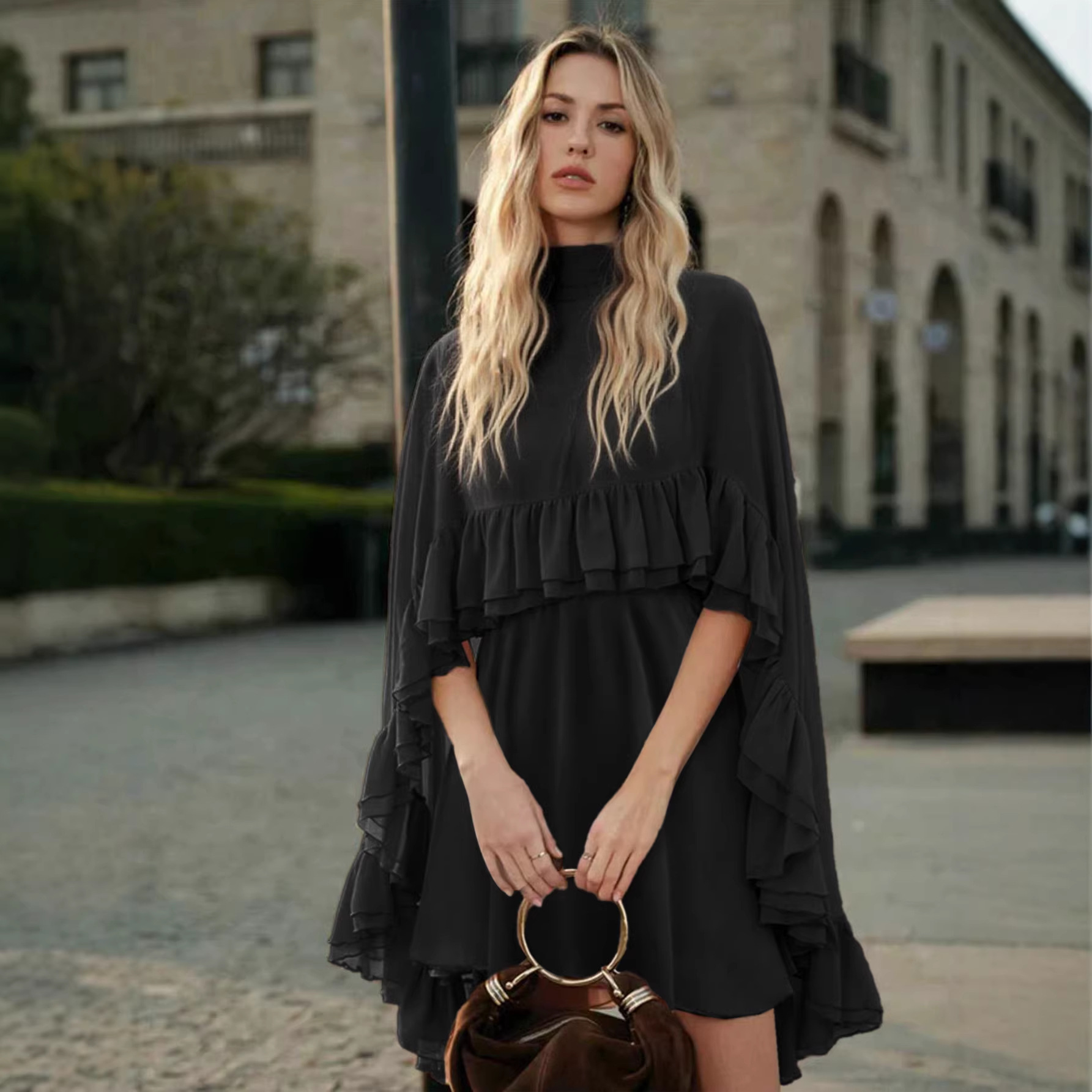 Fashionable Chic and Elegant Sleeveless Chiffon Ruffle Trim Midi Dress