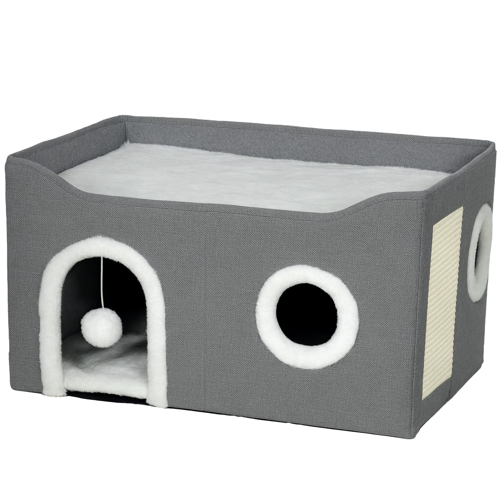 PawHut Foldable Cat Bed House with Scratch Pad and Fluffy Ball - Grey