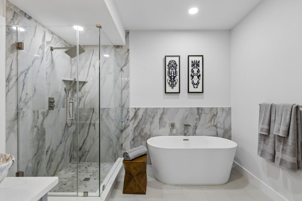 Frameless glass shower and floor-to-ceiling tile in a bathroom at 816 Premier Parkway