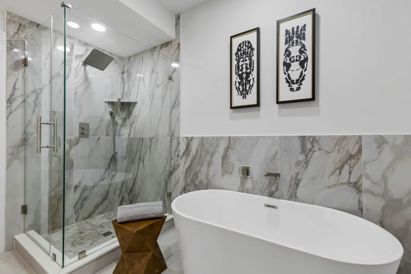 Primary bathroom with frameless glass shower and soaking tub at 816 Premier Parkway