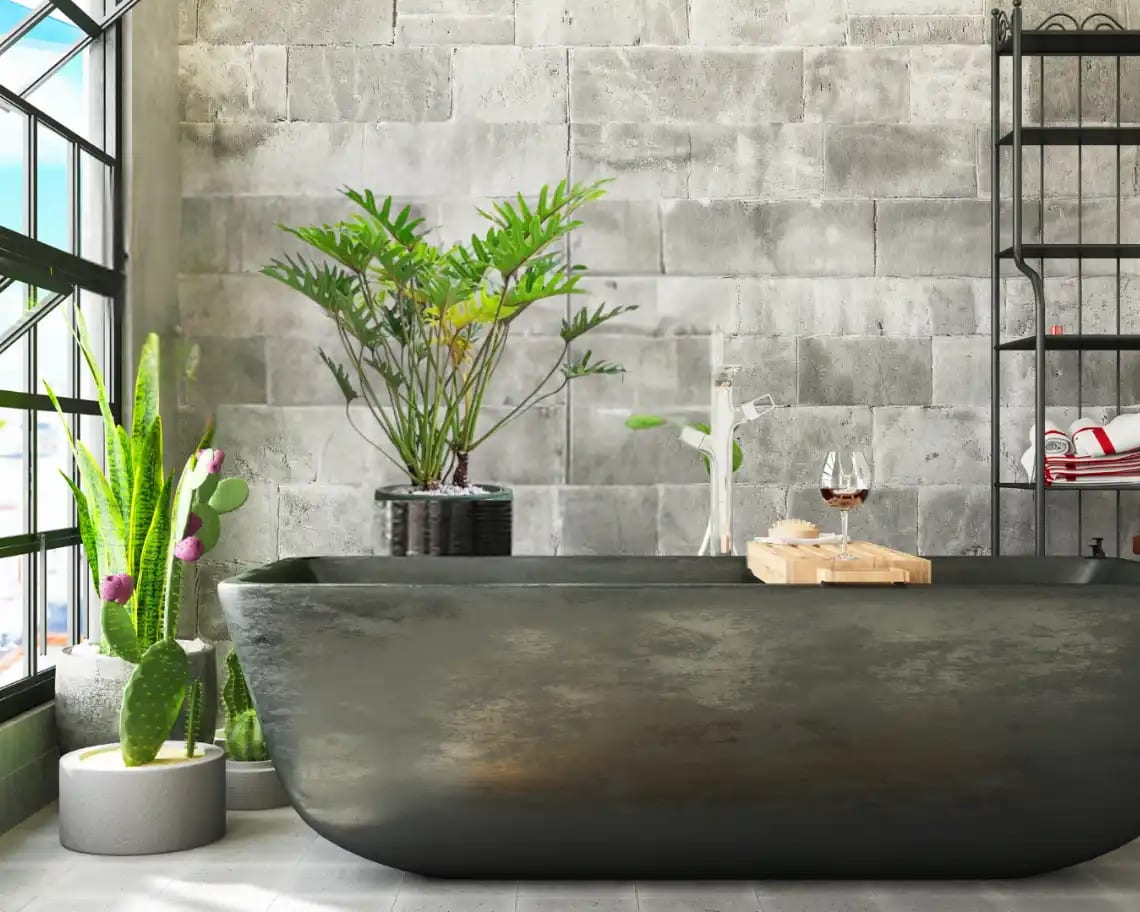 Philodendron Xanadu A tub in a bathroom with a Philodendron Xanadu plant adding a touch of greenery.