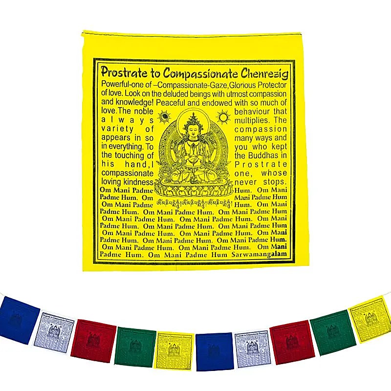 Buda de compasión Banderas tibetanas de oración Om Mani Padme Hum Set de 10
