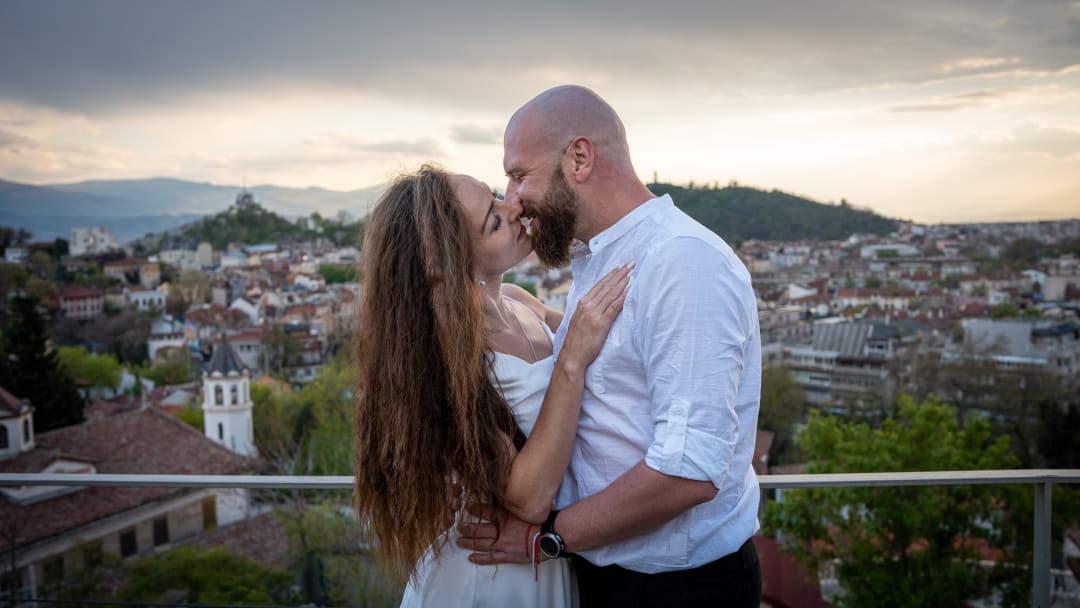 A hug at sunset on the hill in Plovdiv