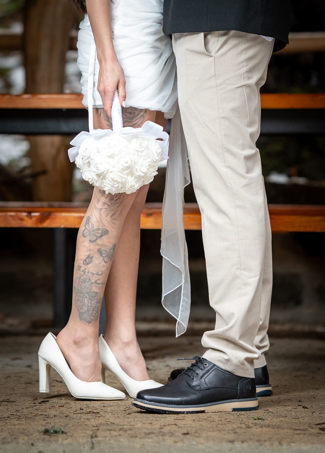 Shoes, tattoo, wedding bouquet