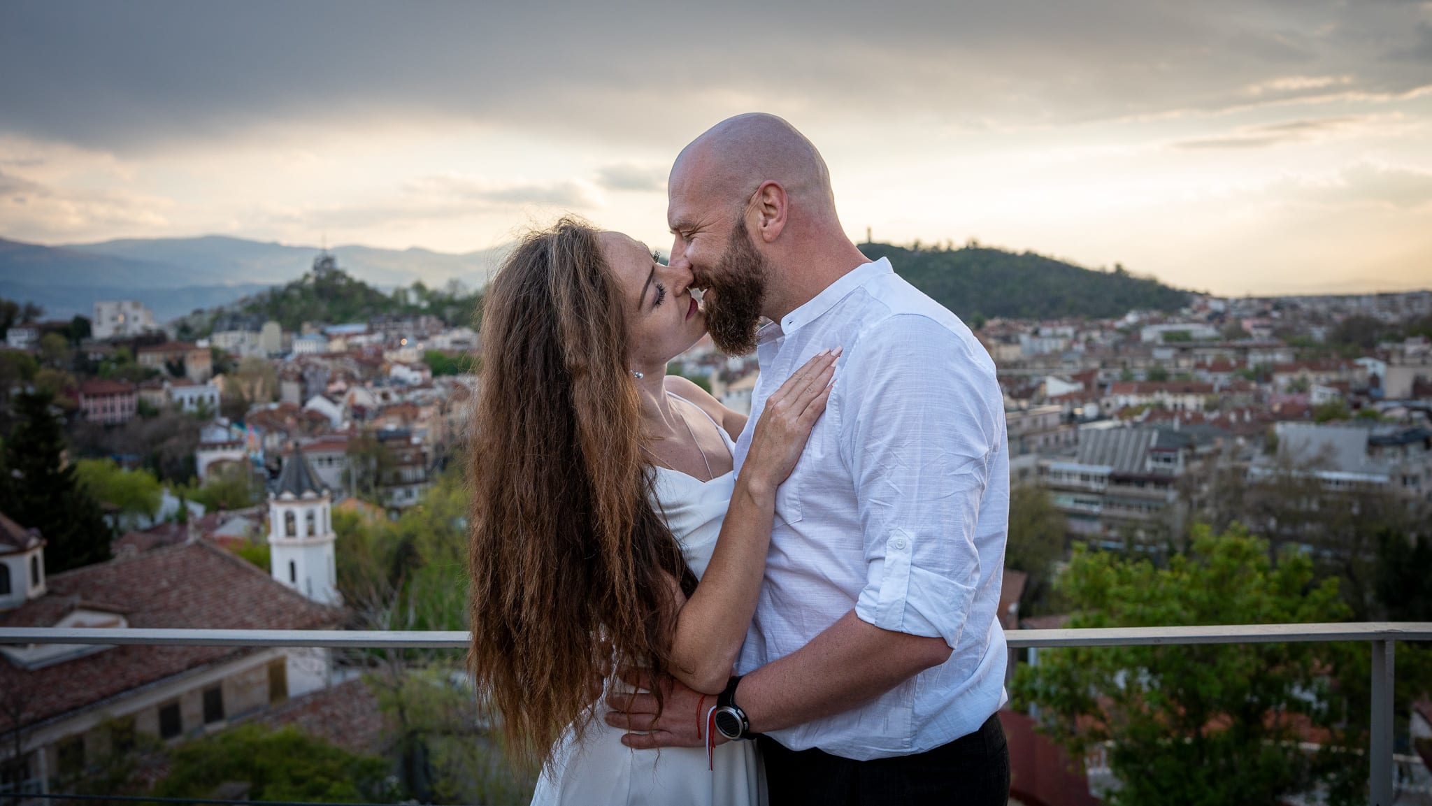 A hug at sunset on the hill in Plovdiv