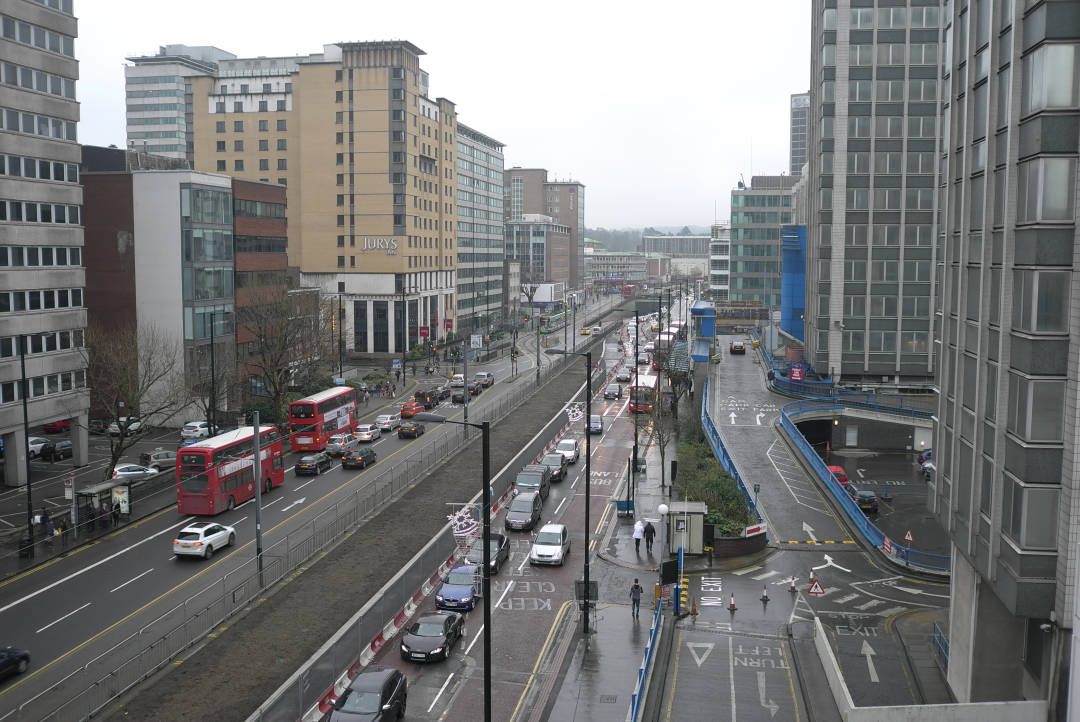 Photo of Croydon town centre with roadworks on a grey day