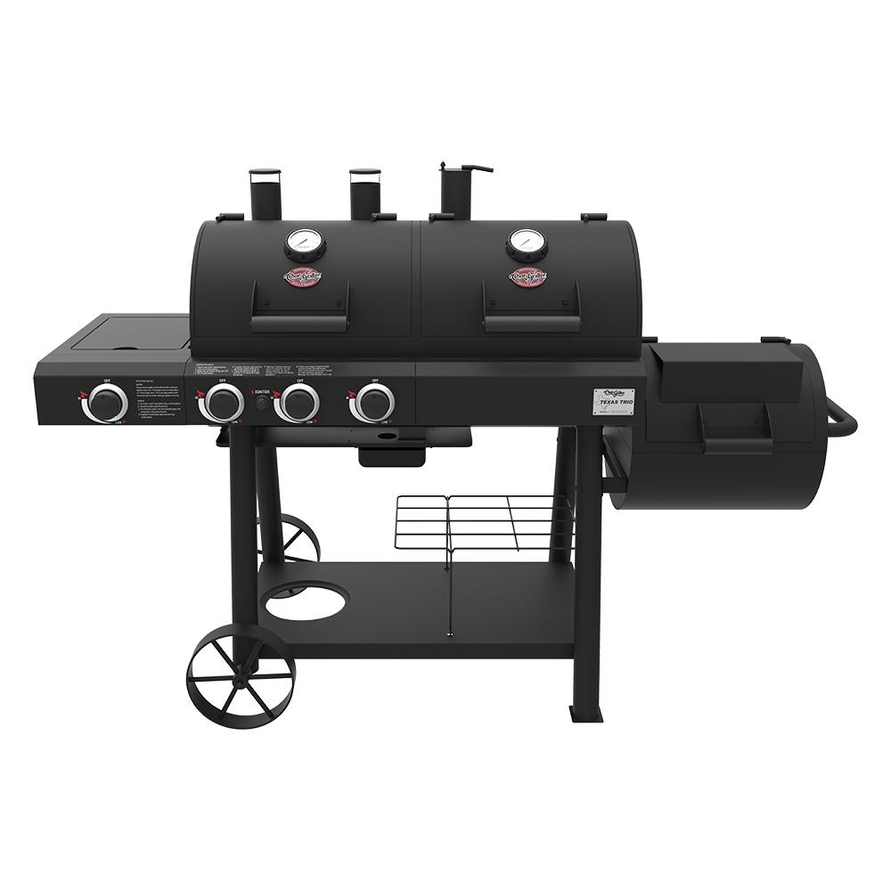 An image of Char-Griller 3070 Texas Trio Hybrid Stainless Steel Portable Barrel Grill