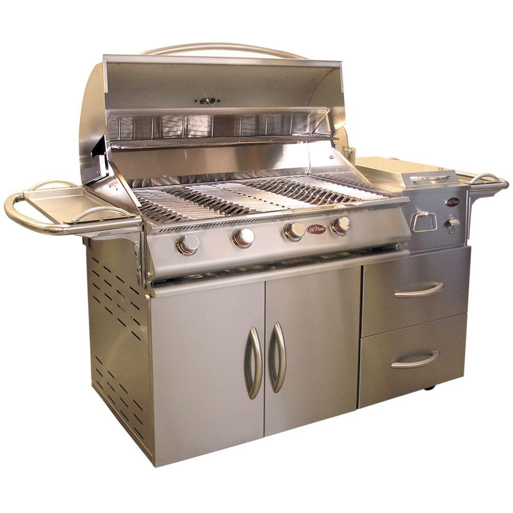 An image of Cal Flame BBQ10445KDB-O Deluxe Propane Gas Stainless Steel Freestanding Covered Grill