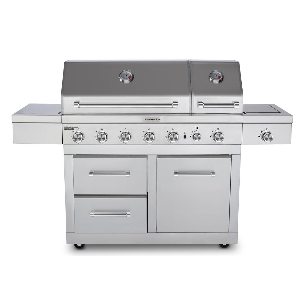 An image of KitchenAid 720-0826E Propane Gas Stainless Steel Freestanding Infrared Covered Grill | KnowYourGrill 