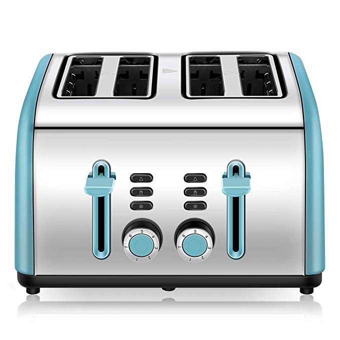 An image of Chitomax 1400W Stainless Steel 4-Slice Blue 7-Mode Cool Touch Wide Slot Toaster