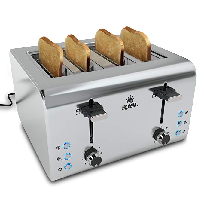 An image of Royal 850W Stainless Steel 4-Slice 7-Mode Cool Touch Wide Slot Toaster | The Top Toasters 