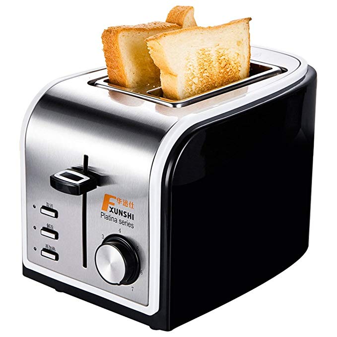 An image of Xunshi 800W Stainless Steel 2-Slice Silver and Black 7-Mode Wide Slot Toaster | The Top Toasters 