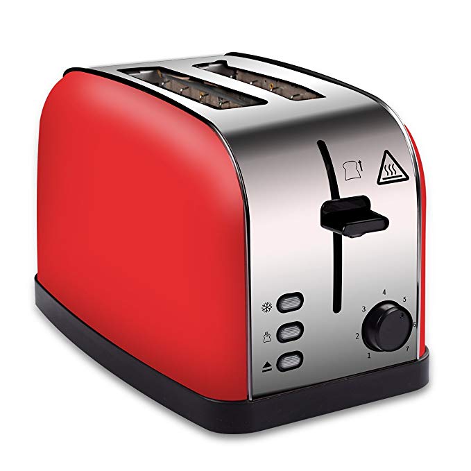 An image of COSSCCI 850W Stainless Steel 2-Slice Red 7-Mode Wide Slot Toaster | The Top Toasters 