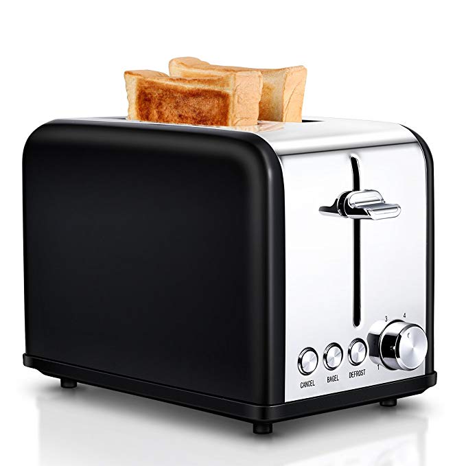 An image of Keemo 825W Stainless Steel 2-Slice Black 6-Mode Compact Wide Slot Toaster | The Top Toasters 