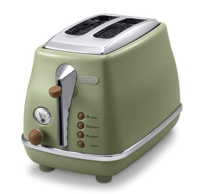 An image of DeLonghi CTOV2003J-GR 900W Vintage Green 6-Mode Long Slot Toaster | The Top Toasters 