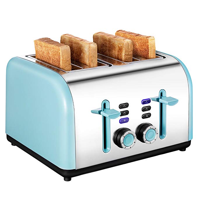 An image of Keemo 1400W Stainless Steel 4-Slice Modern 7-Mode Compact Cool Touch Wide Slot Toaster | The Top Toasters 