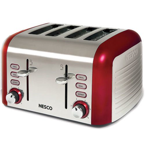 An image related to Nesco 1000W Stainless Steel 4-Slice Red Wide Slot Toaster