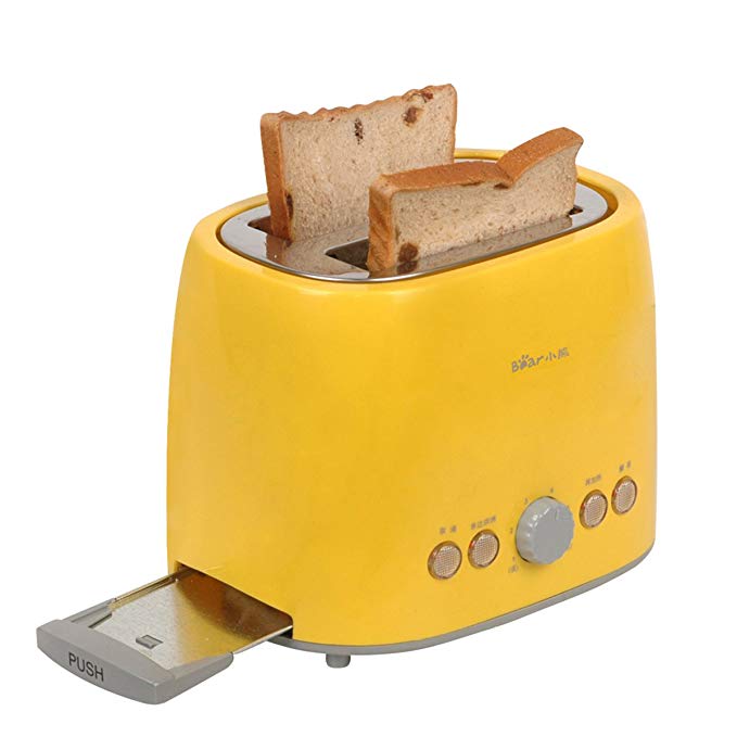 An image of BEAR 680W Stainless Steel 2-Slice Yellow 6-Mode Compact Wide Slot Toaster