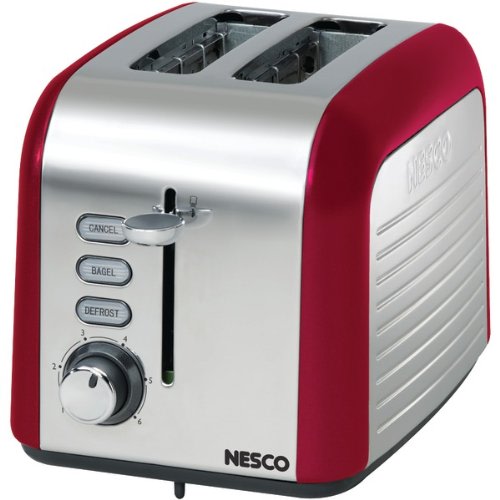 An image of Nesco T1000-12 Stainless Steel 2-Slice Red and Stainless Steel 6-Mode Cool Touch Wide Slot Toaster