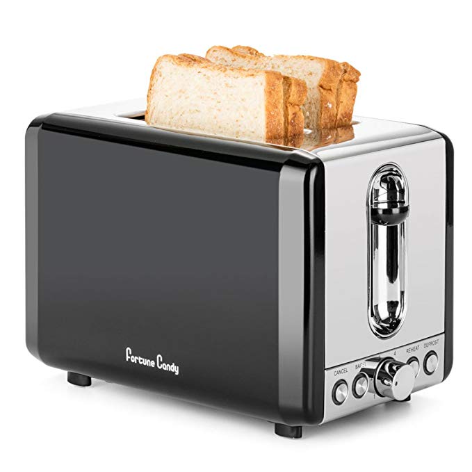 An image of Fortune Candy 850W Stainless Steel 2-Slice Classic Black 6-Mode Compact Wide Slot Toaster | The Top Toasters 