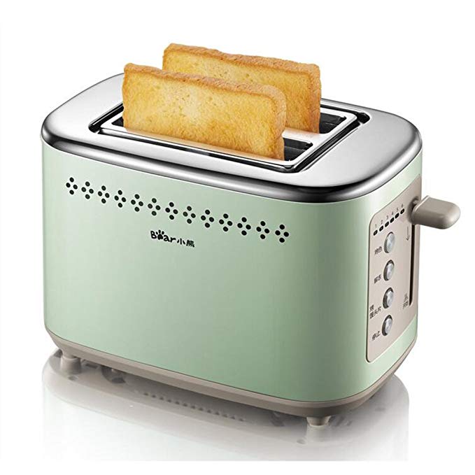 An image of BEAR 800W Stainless Steel 2-Slice Green 6-Mode Wide Slot Toaster | The Top Toasters 