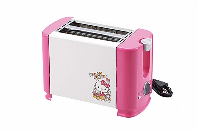 An image of Tamahashi KT-155 700W Stainless Steel Hello Kitty 2-Slice White and Pink Toaster