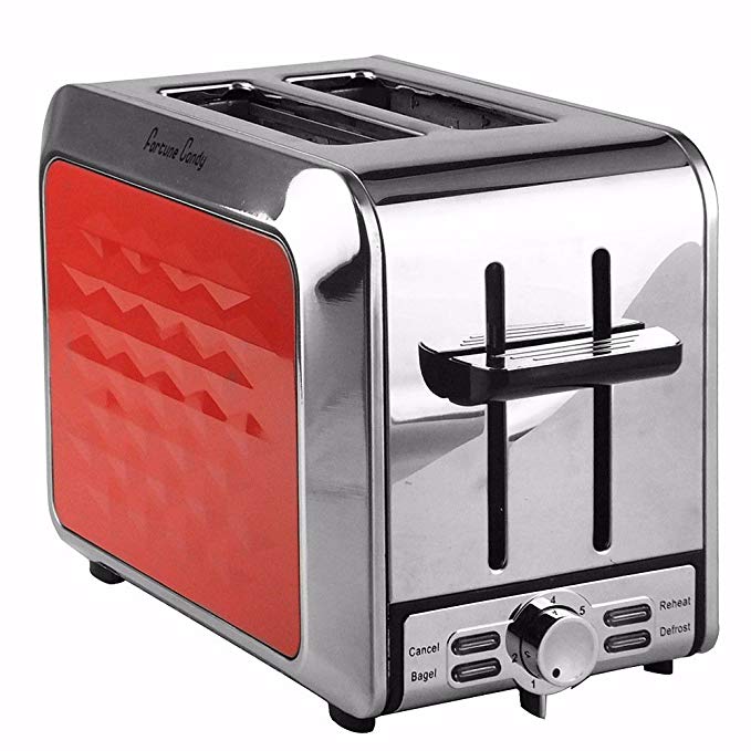 An image of Fortune Candy 850W Stainless Steel 2-Slice Red 7-Mode Wide Slot Toaster