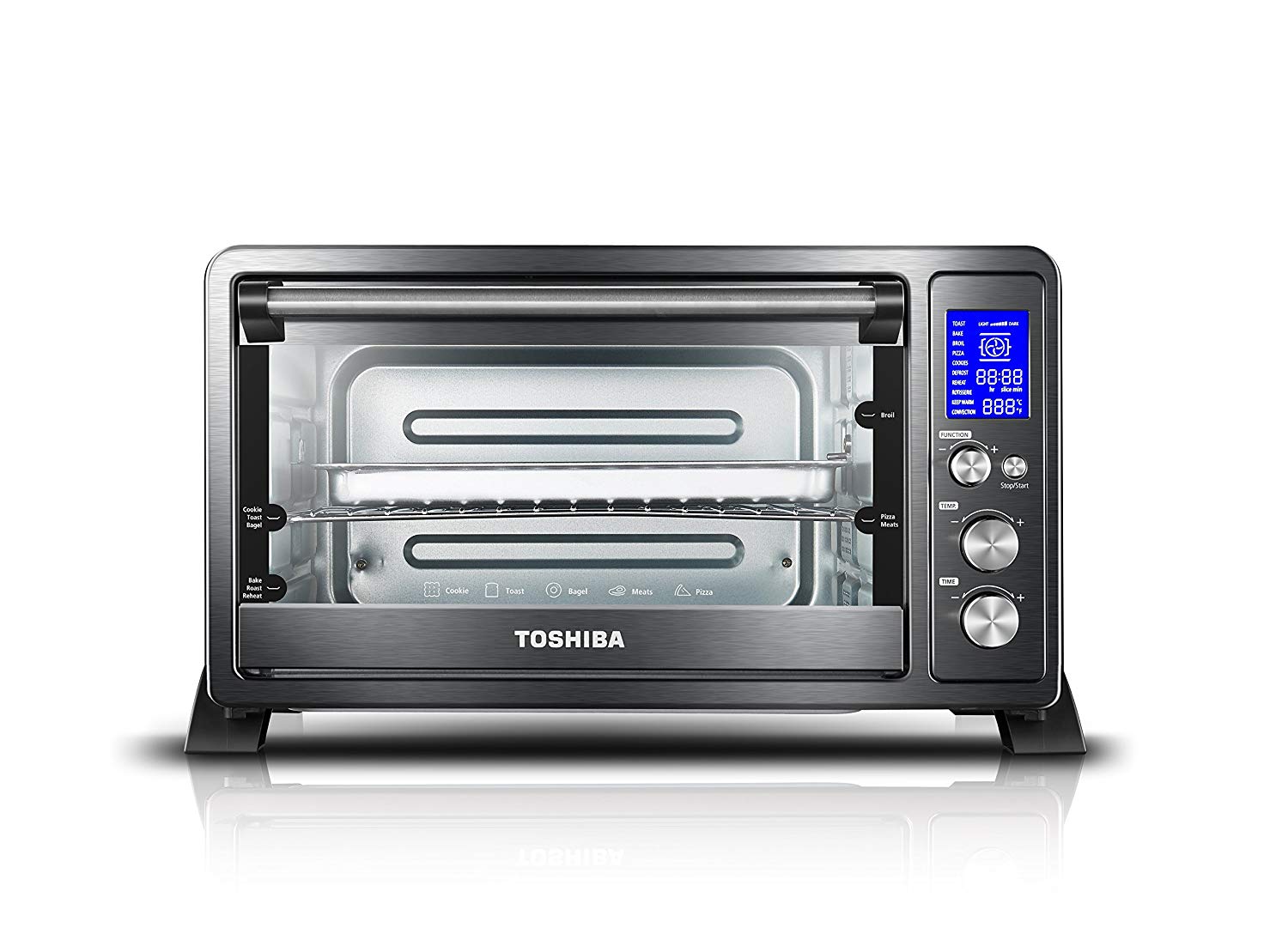 An image of Toshiba AC25CEW-BS Black Stainless Steel Convection Countertop Six Slice Toaster Oven