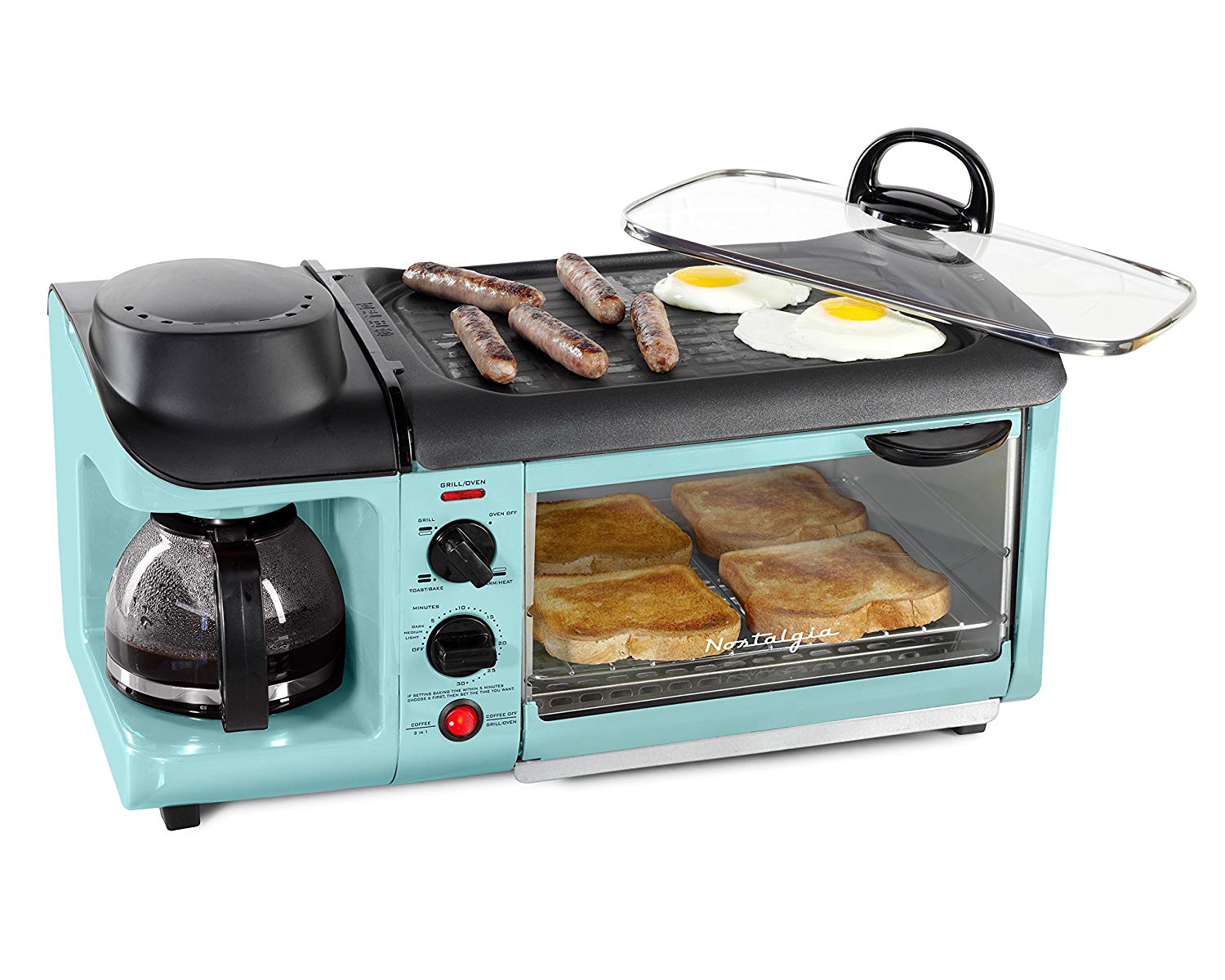 An image of Nostalgia Retro BSET300AQ Aqua Countertop Family Size Four Slice Toaster Oven | Toasty Ovens 