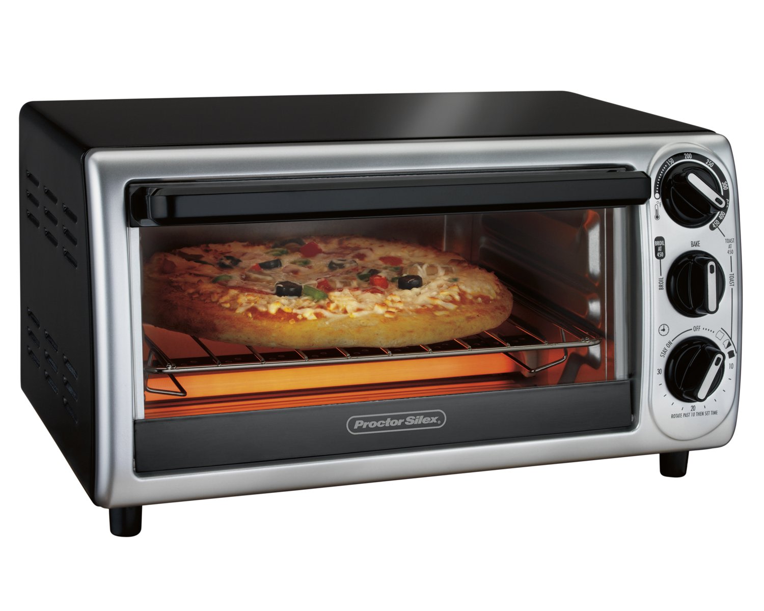 An image of Proctor Silex 31122 Black Countertop Compact Four Slice Toaster Oven