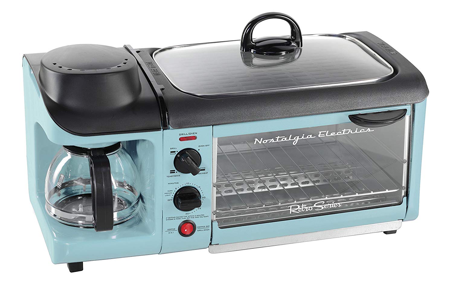 An image of Nostalgia Retro BSET300BLUE Blue Family Size Four Slice Toaster Oven | Toasty Ovens 