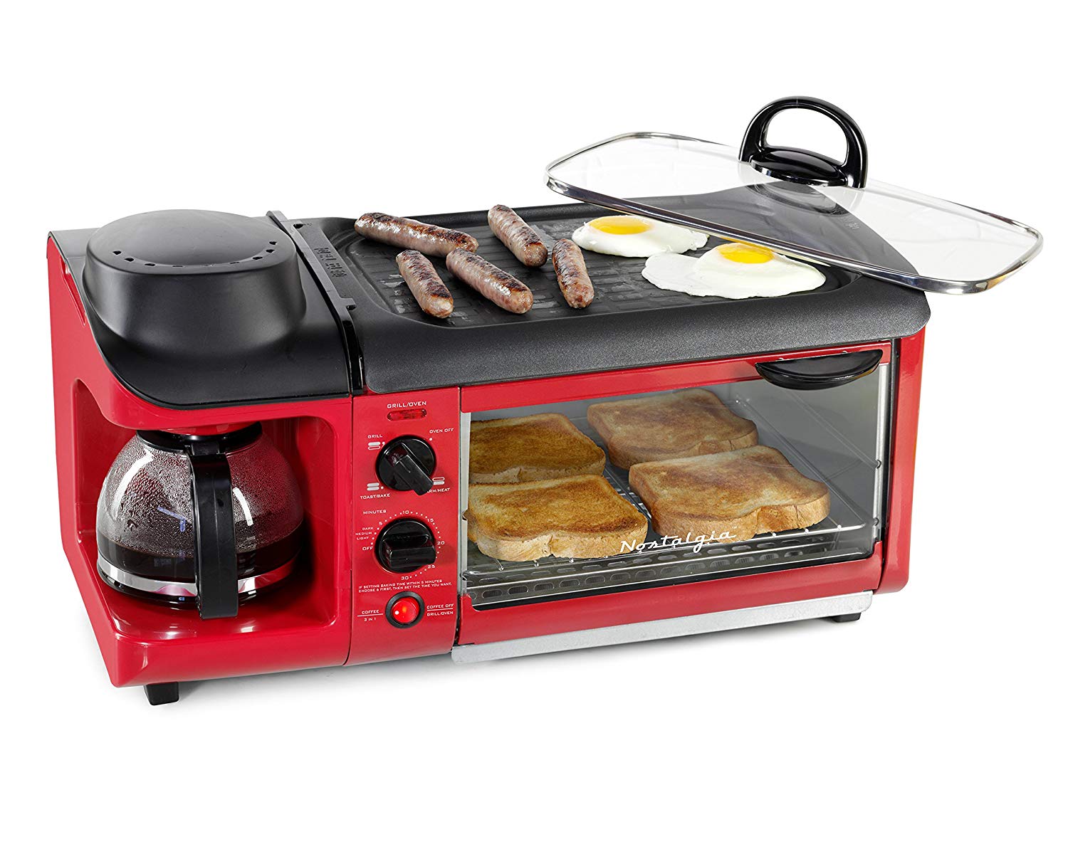 An image of Nostalgia Retro BSET300RETRORED Red Family Size Four Slice Toaster Oven