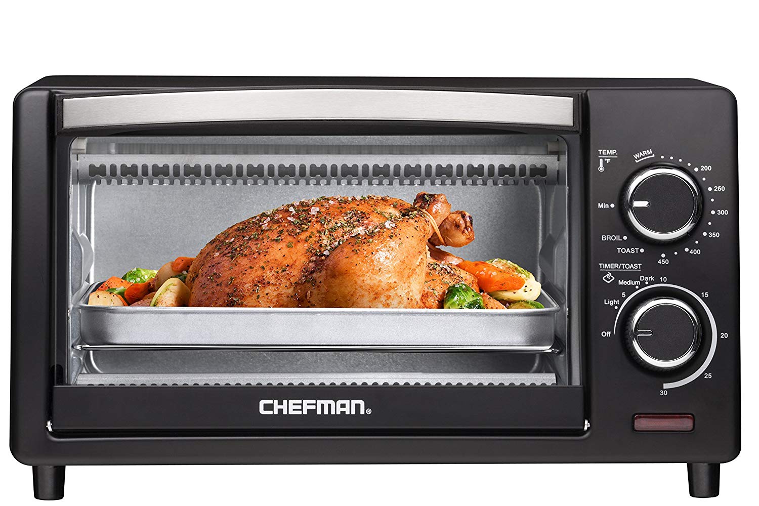 An image of Chefman RJ25-4-CL Black Countertop Large Four Slice Toaster Oven