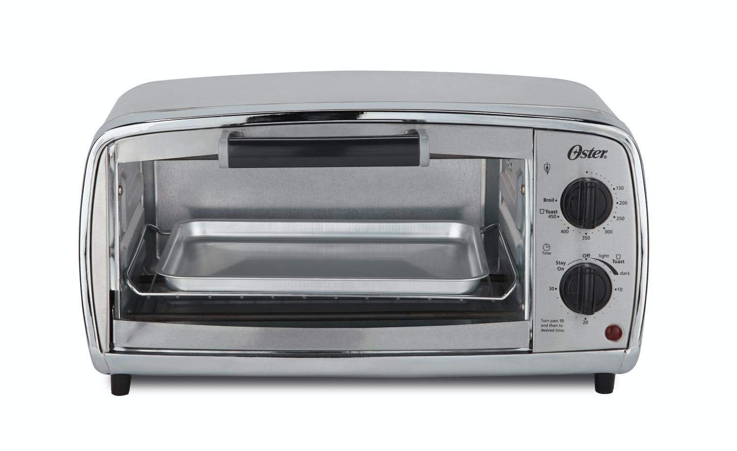 An image of Oster TSSTTVVGS1 Stainless Steel Countertop Small Four Slice Toaster Oven