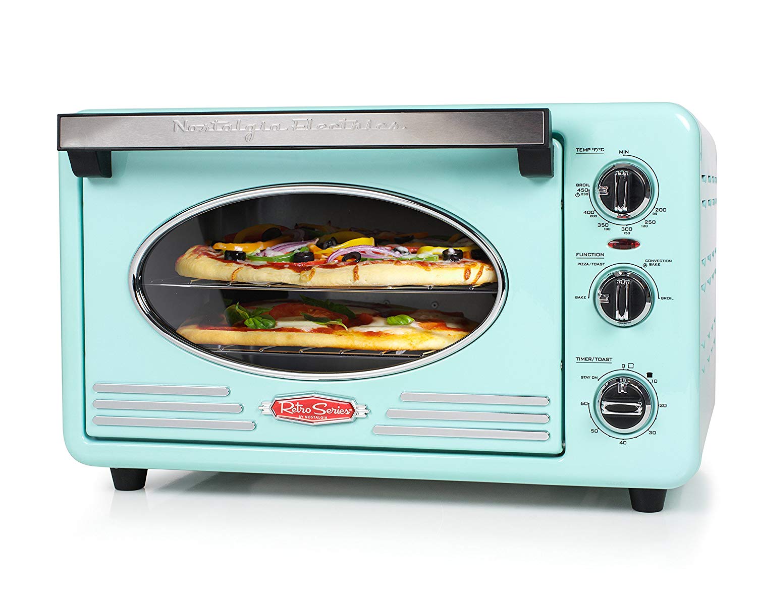 An image of Nostalgia Retro RTOV220AQ Aqua Convection Countertop Large 12 Slice Toaster Oven | Toasty Ovens 