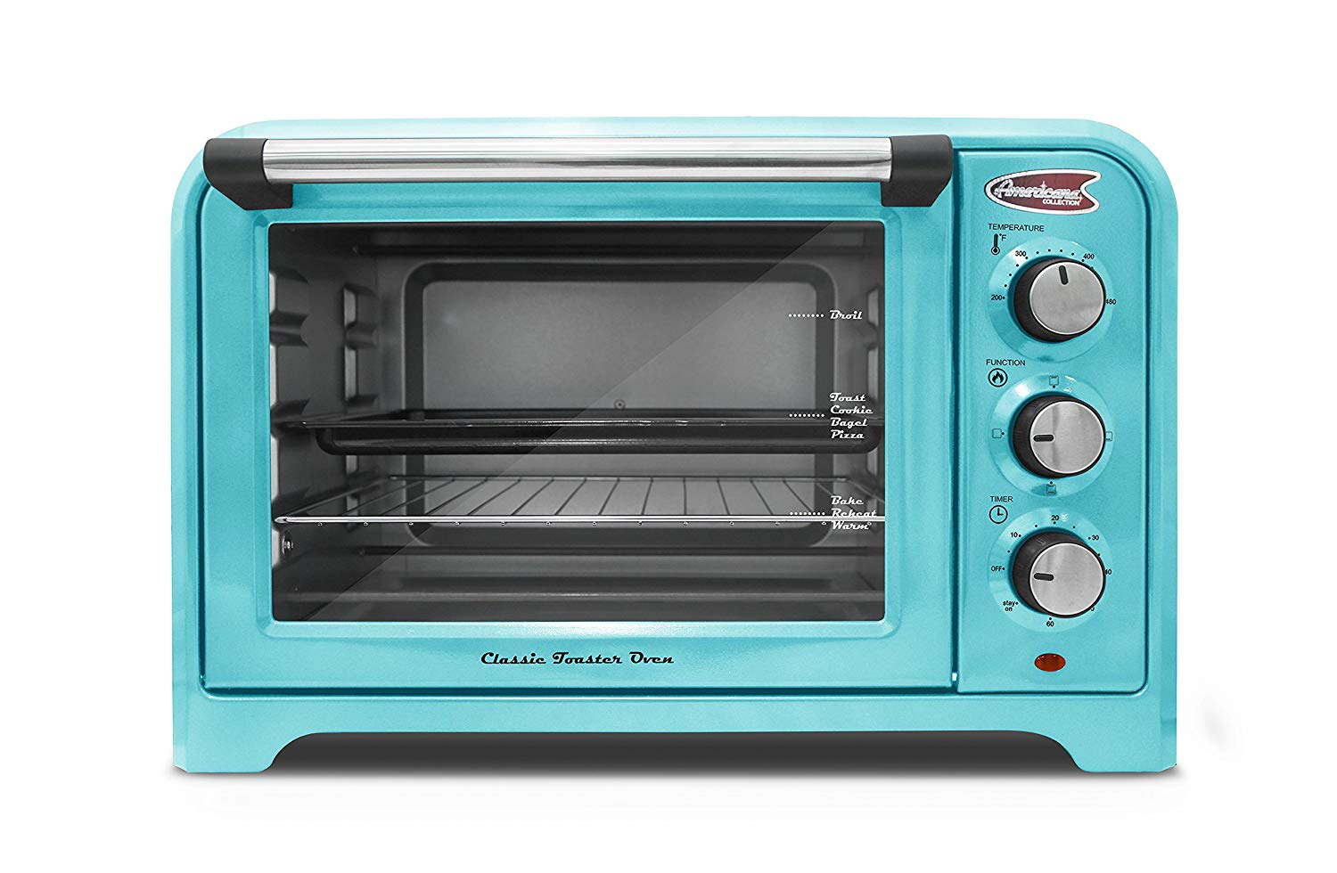 An image of Maxi-Matic Americana Collection ERO-2600BL Blue Countertop Large Six Slice Toaster Oven | Toasty Ovens 