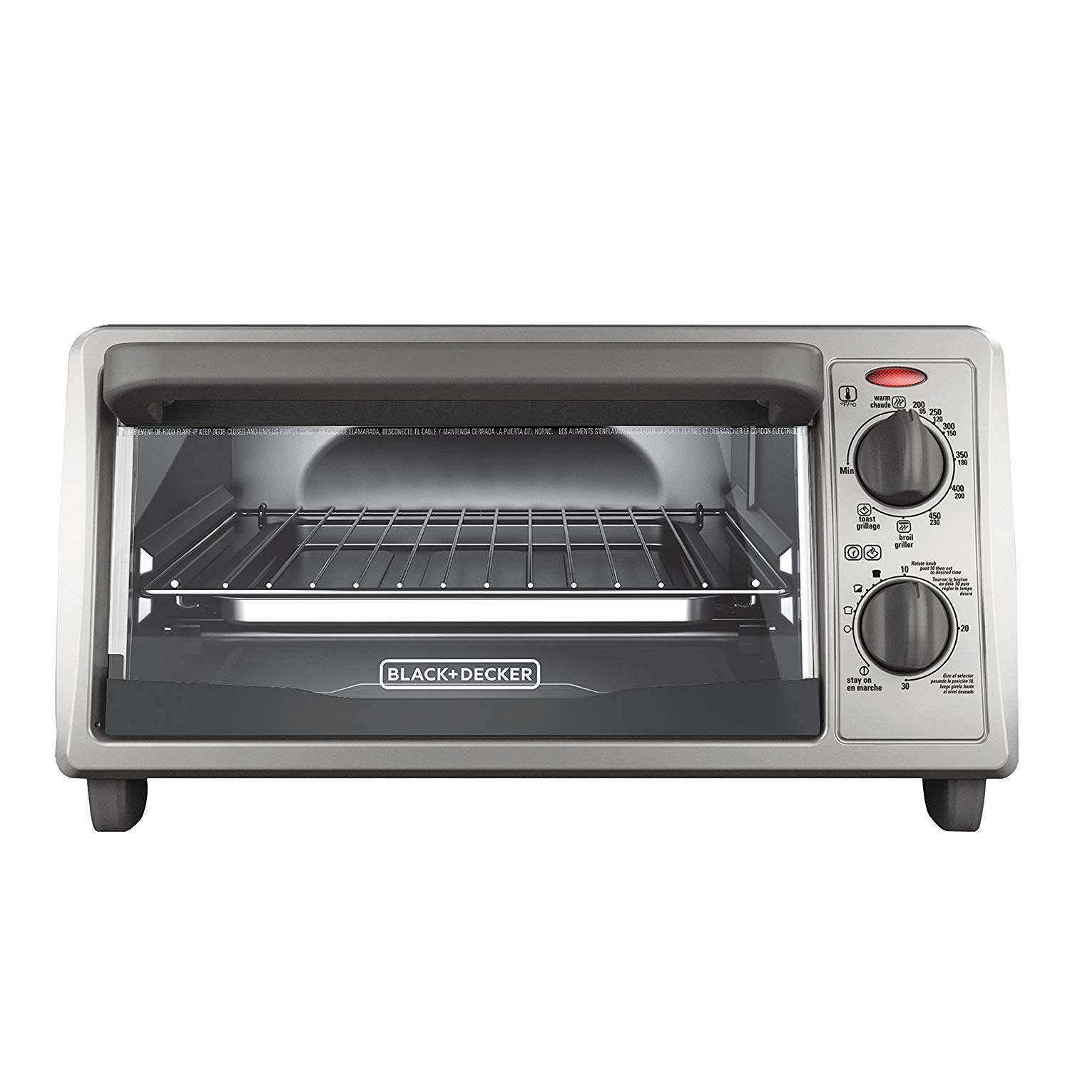 An image of Black and Decker TO1322SBD Silver Countertop Compact Four Slice Toaster Oven