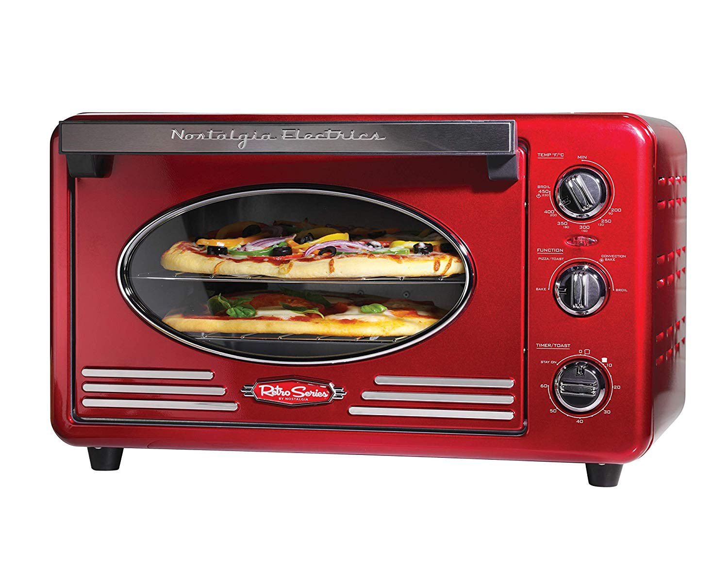 An image of Nostalgia Retro RTOV220RETRORED Red Convection 12 Slice Toaster Oven