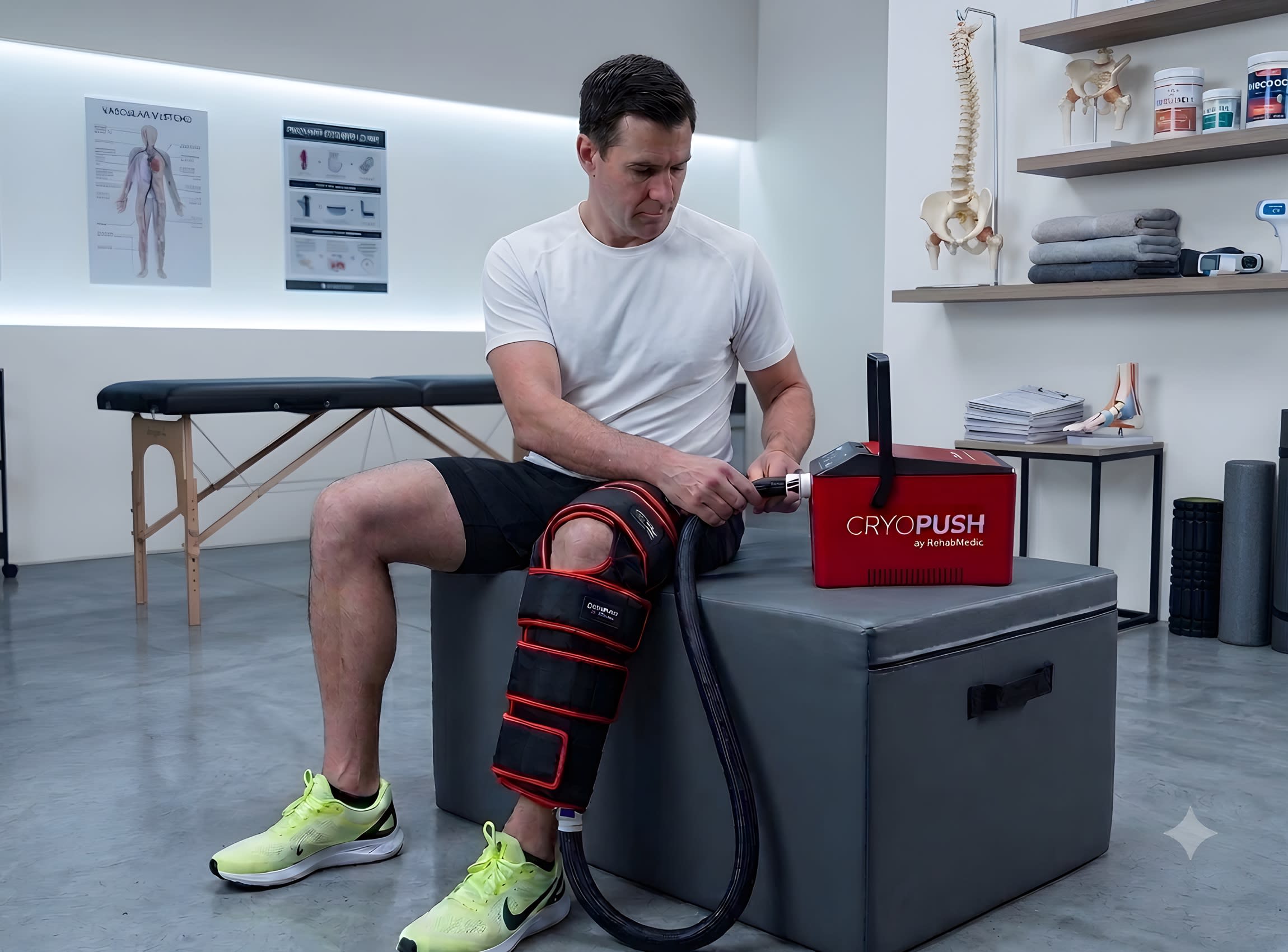 Paciente aplicándose crioterapia compresiva en la rodilla con la máquina Cryopush