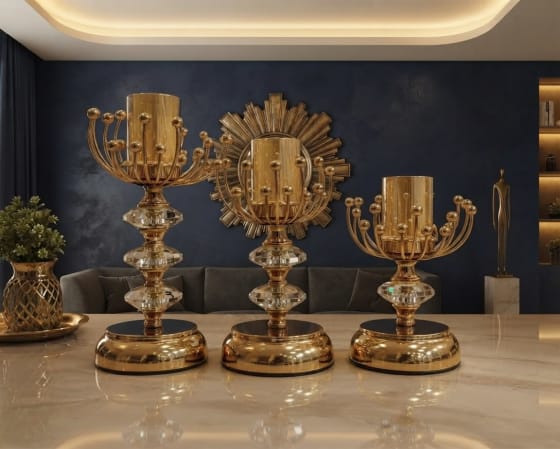 Luxurious Golden Crystal Pillar Candle Holder Set (3-Piece)