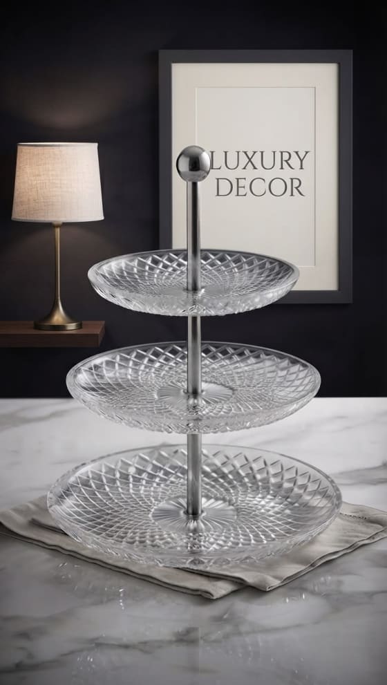 3-Tier Crystal Glass Serving Stand with Metal Handle