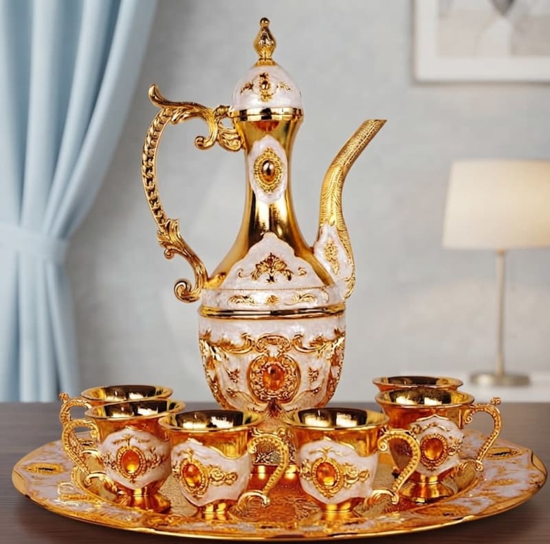 Golden and White Enamel Arabic Coffee/Tea Set)