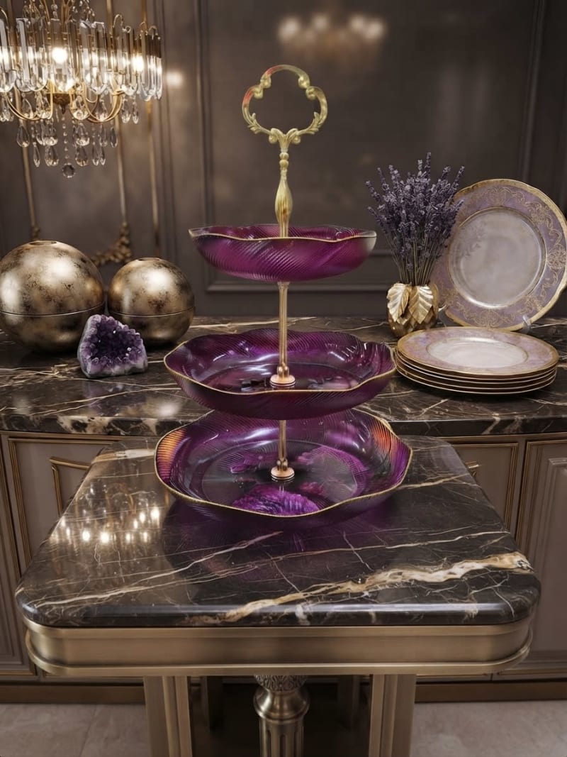 3-Tier Purple Glass Serving Stand with Golden Stand