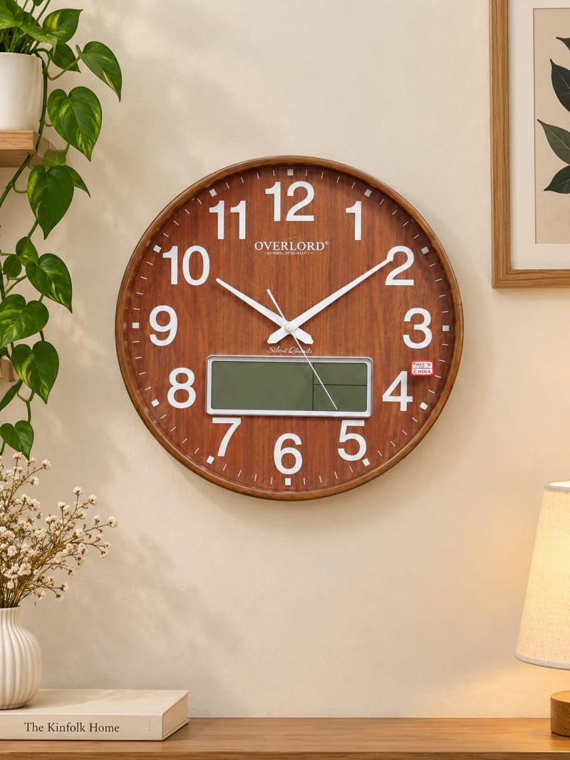 Wooden Finish Clock With Calendar Display