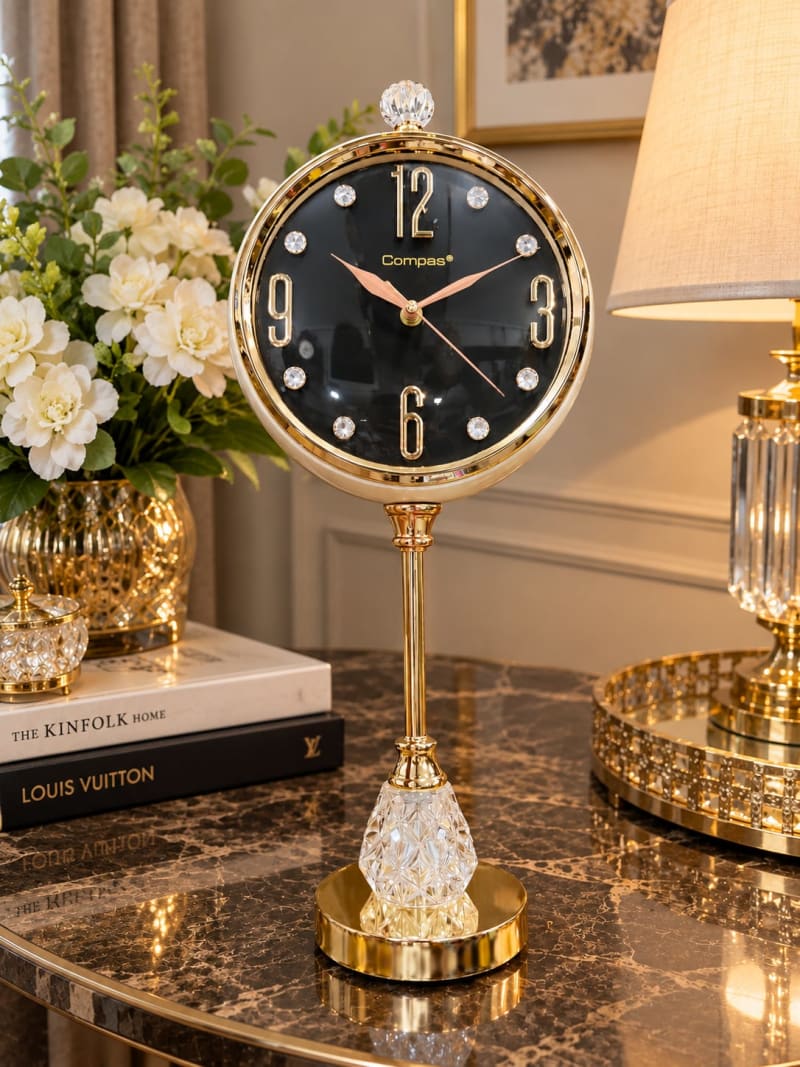 Compas Black & Gold Crystal Tabletop Clock