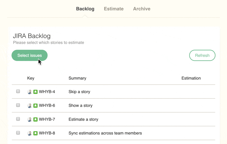 Screenshot selecting stories to estimate