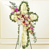 Solid White Standing Cross With Pastel Flower Break