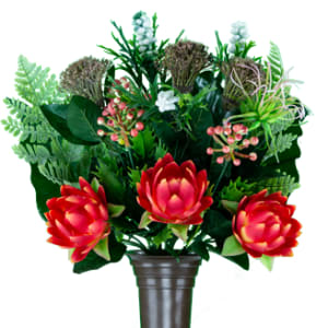 Red Bromeliad with Greenery (Silk Mausoleum Flowers)
