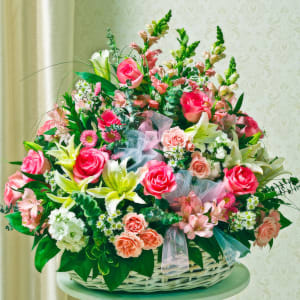 Sympathy Arrangement In Basket (Large) - Pink & White